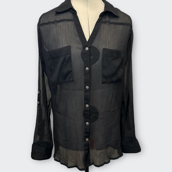 Vintage VANITY Black Sheer Button Down Long Sleeve Blouse L Y2K Whimsigoth Boho - Picture 3 of 11